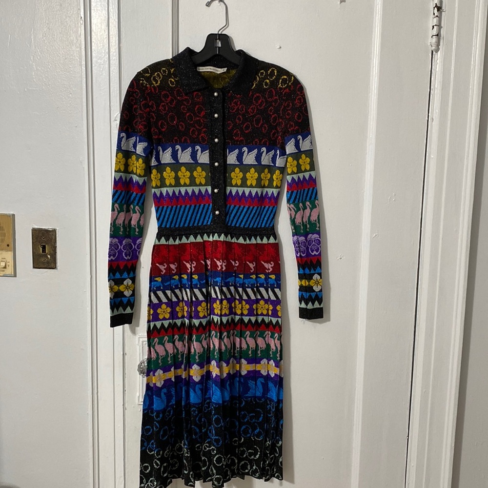 Mary Katranzou lurex shimmer black printed dress with pearl buttons size small